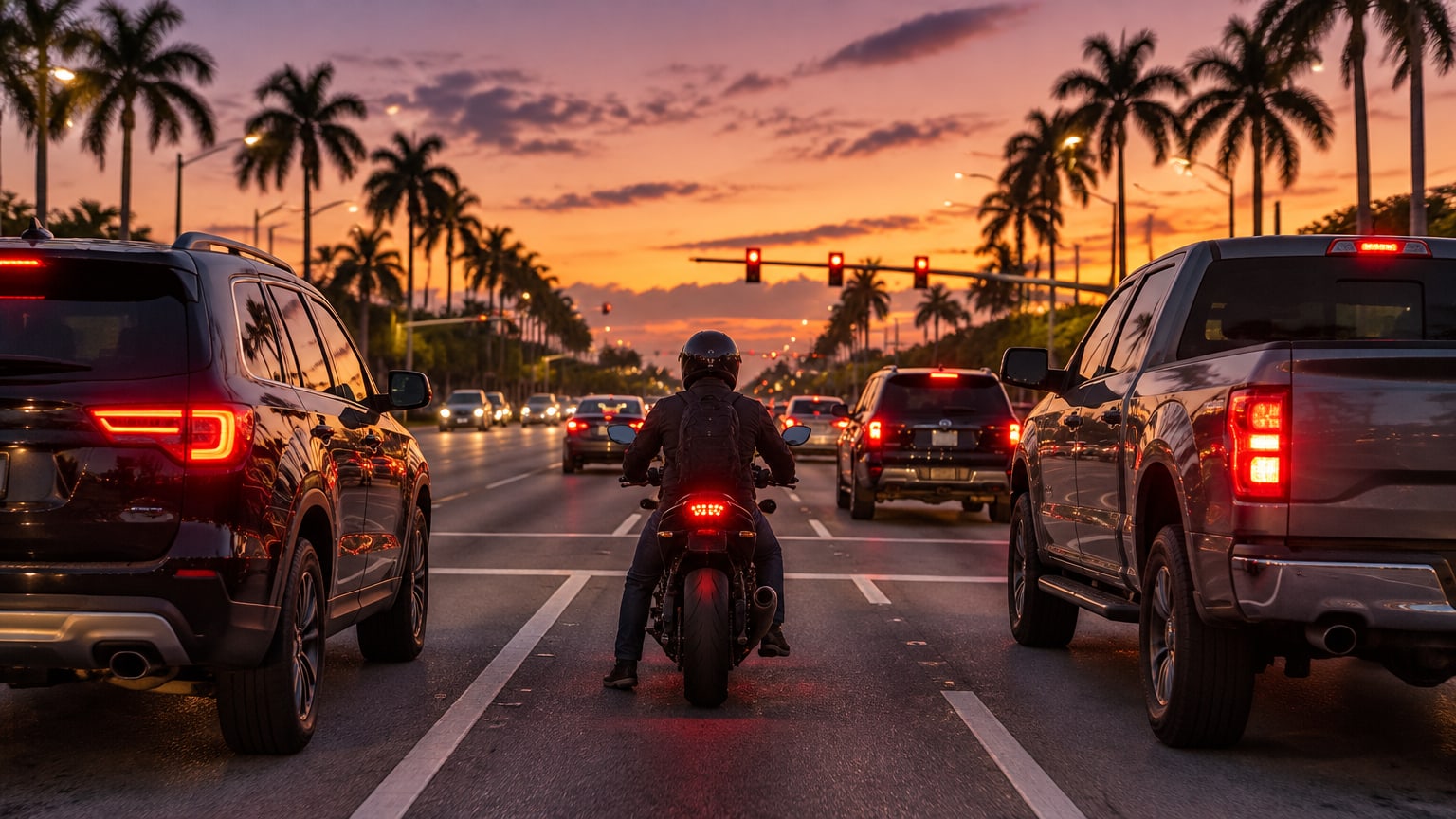 Solo motorcyclist stopped between trucks at a Florida intersection at dusk