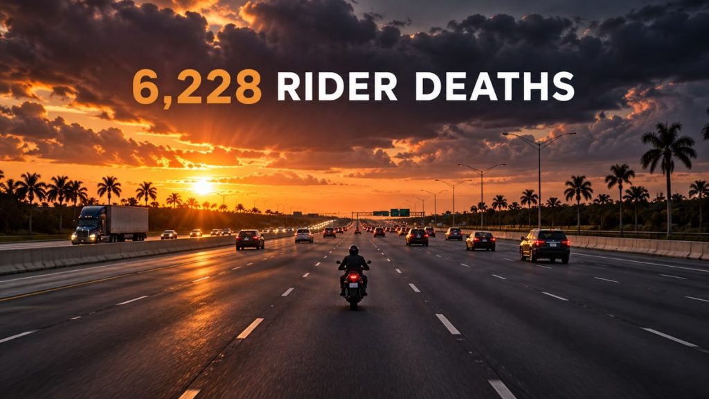 Motorcyclist riding along a wide multi-lane highway at dusk